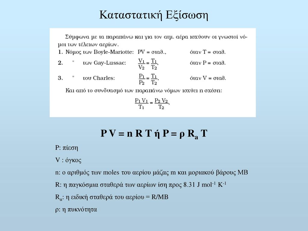 Καταστατική Εξίσωση P V = n R T ή P = ρ Ra T P: πίεση V : όγκος