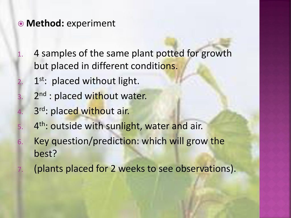 Method: experiment 4 samples of the same plant potted for growth but placed in different conditions.