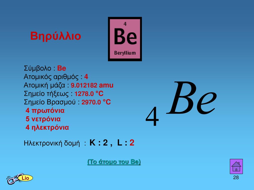 Βηρύλλιο Σύμβολο : Be. Ατομικός αριθμός : 4 Ατομική μάζα : amu Σημείο τήξεως : °C.