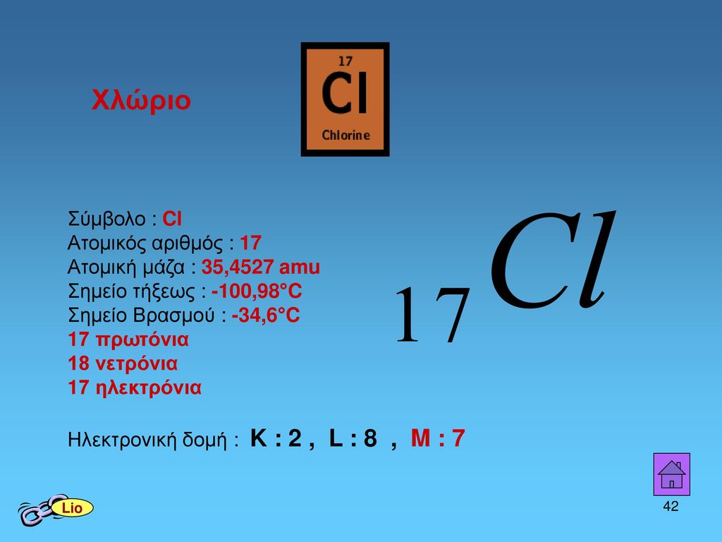 Χλώριο Σύμβολο : Cl Ατομικός αριθμός : 17