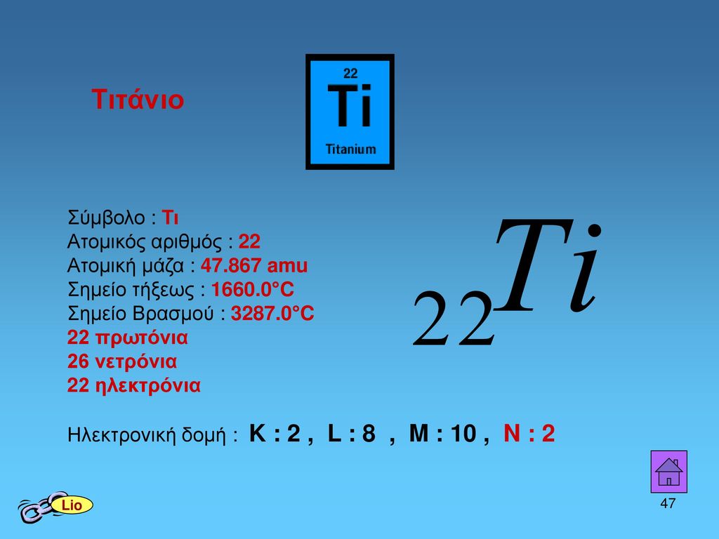 Τιτάνιο Σύμβολο : Τι Ατομικός αριθμός : 22