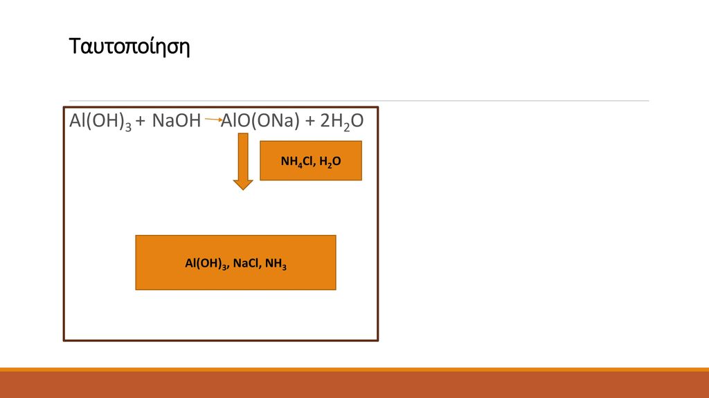 Tαυτοποίηση Αl(OH)3 + NaOH AlO(ONa) + 2H2O NH4Cl, H2O
