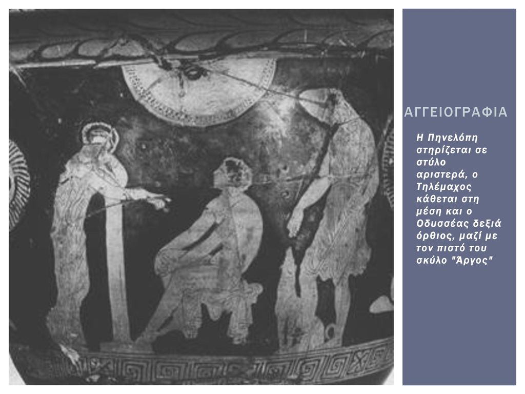 Αγγειογραφια Η Πηνελόπη στηρίζεται σε στύλο αριστερά, ο Τηλέμαχος κάθεται στη μέση και ο Οδυσσέας δεξιά όρθιος, μαζί με τον πιστό του σκύλο Άργος
