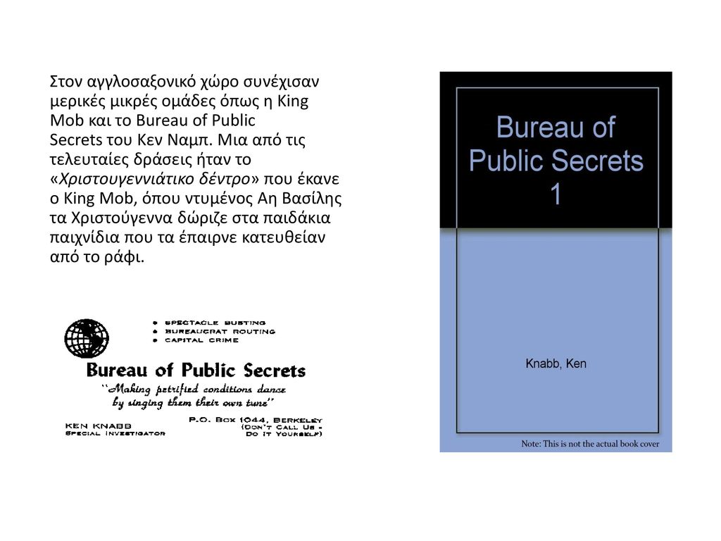 Στον αγγλοσαξονικό χώρο συνέχισαν μερικές μικρές ομάδες όπως η King Mob και το Bureau of Public Secrets του Κεν Ναμπ.