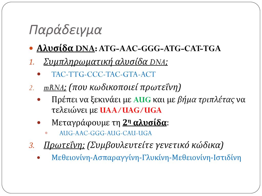 Παράδειγμα Αλυσίδα DNA: ATG-AAC-GGG-ATG-CAT-TGA