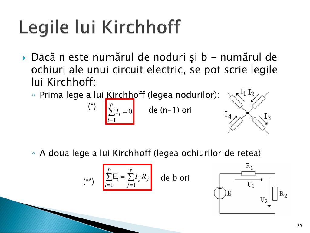 Legile lui Kirchhoff Dacă n este numărul de noduri şi b - numărul de ochiuri ale unui circuit electric, se pot scrie legile lui Kirchhoff: