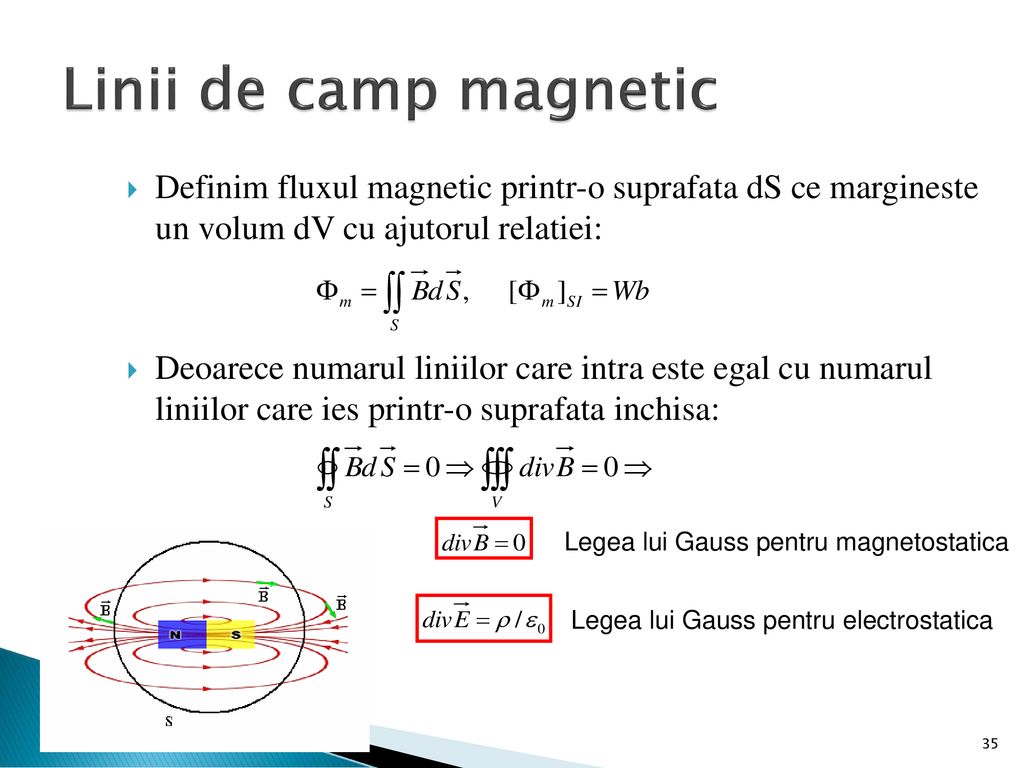 Linii de camp magnetic Definim fluxul magnetic printr-o suprafata dS ce margineste un volum dV cu ajutorul relatiei:
