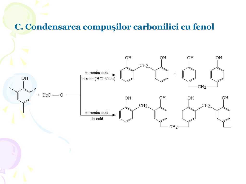 C. Condensarea compuşilor carbonilici cu fenol