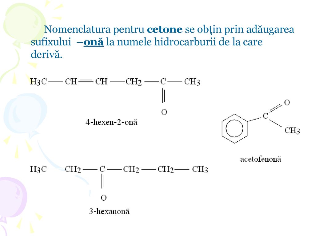 Nomenclatura pentru cetone se obţin prin adăugarea sufixului –onă la numele hidrocarburii de la care derivă.