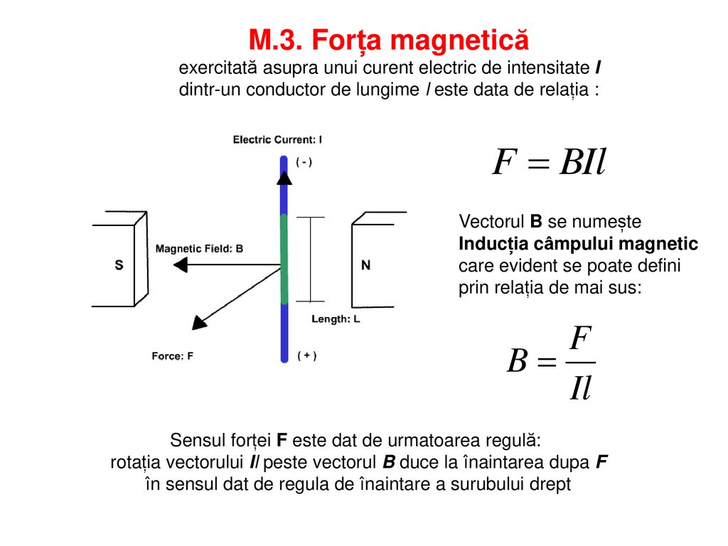 M.3. Forța magnetică exercitată asupra unui curent electric de intensitate I. dintr-un conductor de lungime l este data de relația :