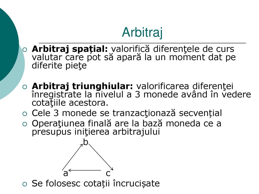 Arbitraj Arbitraj spațial: valorifică diferenţele de curs valutar care pot să apară la un moment dat pe diferite pieţe.
