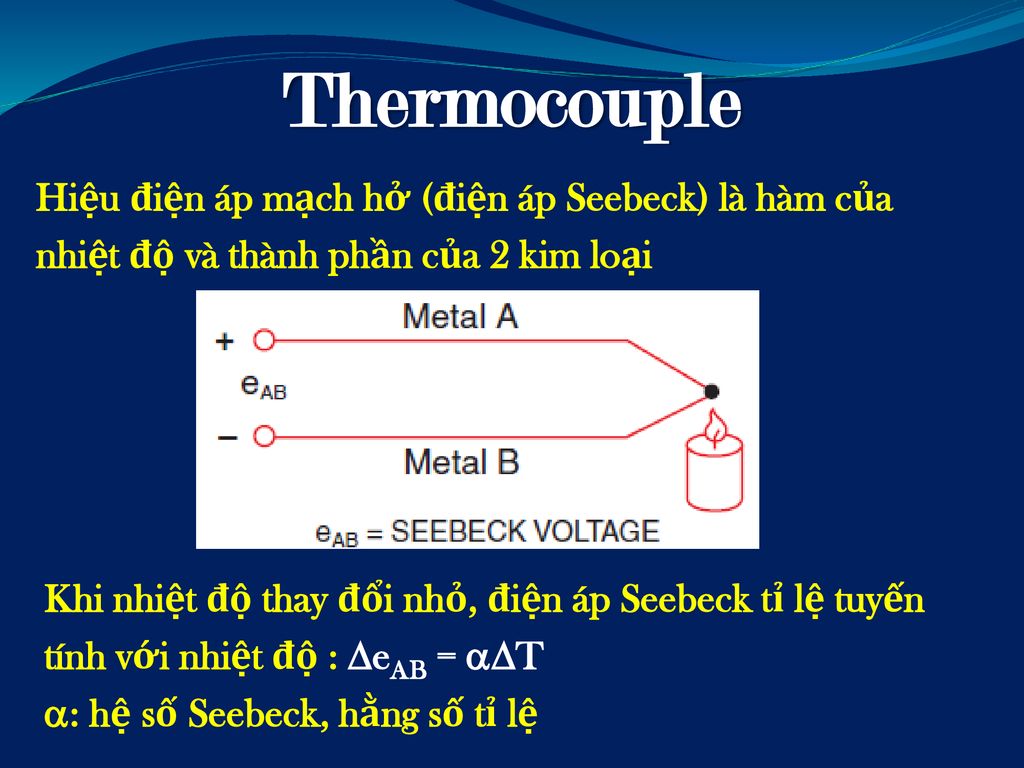 Thermocouple Hiệu điện áp mạch hở (điện áp Seebeck) là hàm của nhiệt độ và thành phần của 2 kim loại.
