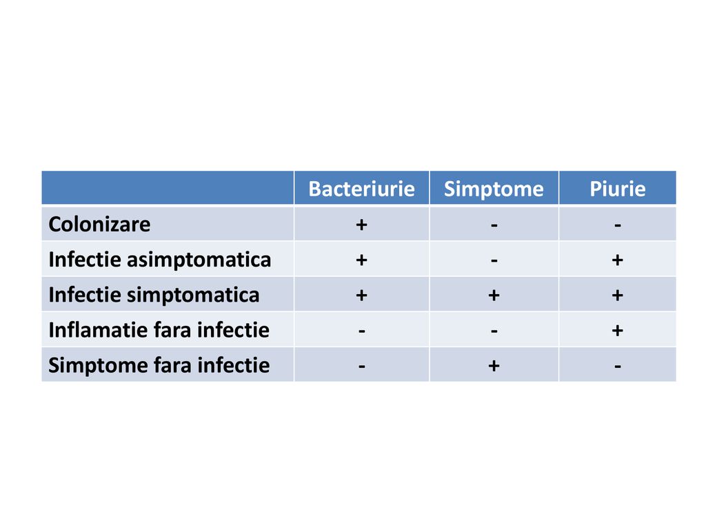 Bacteriurie Simptome. Piurie. Colonizare. + - Infectie asimptomatica. Infectie simptomatica. Inflamatie fara infectie.