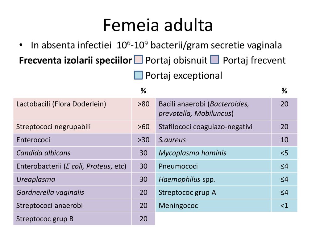 Femeia adulta In absenta infectiei bacterii/gram secretie vaginala. Frecventa izolarii speciilor Portaj obisnuit Portaj frecvent.