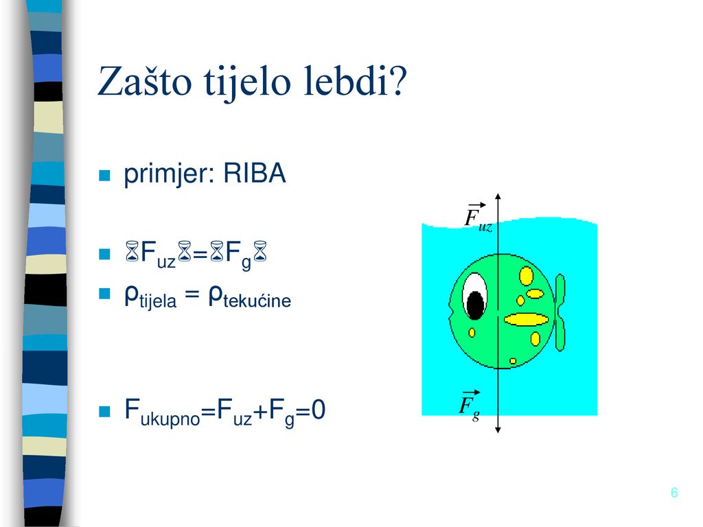 Zašto tijelo lebdi primjer: RIBA Fuz=Fg ρtijela = ρtekućine