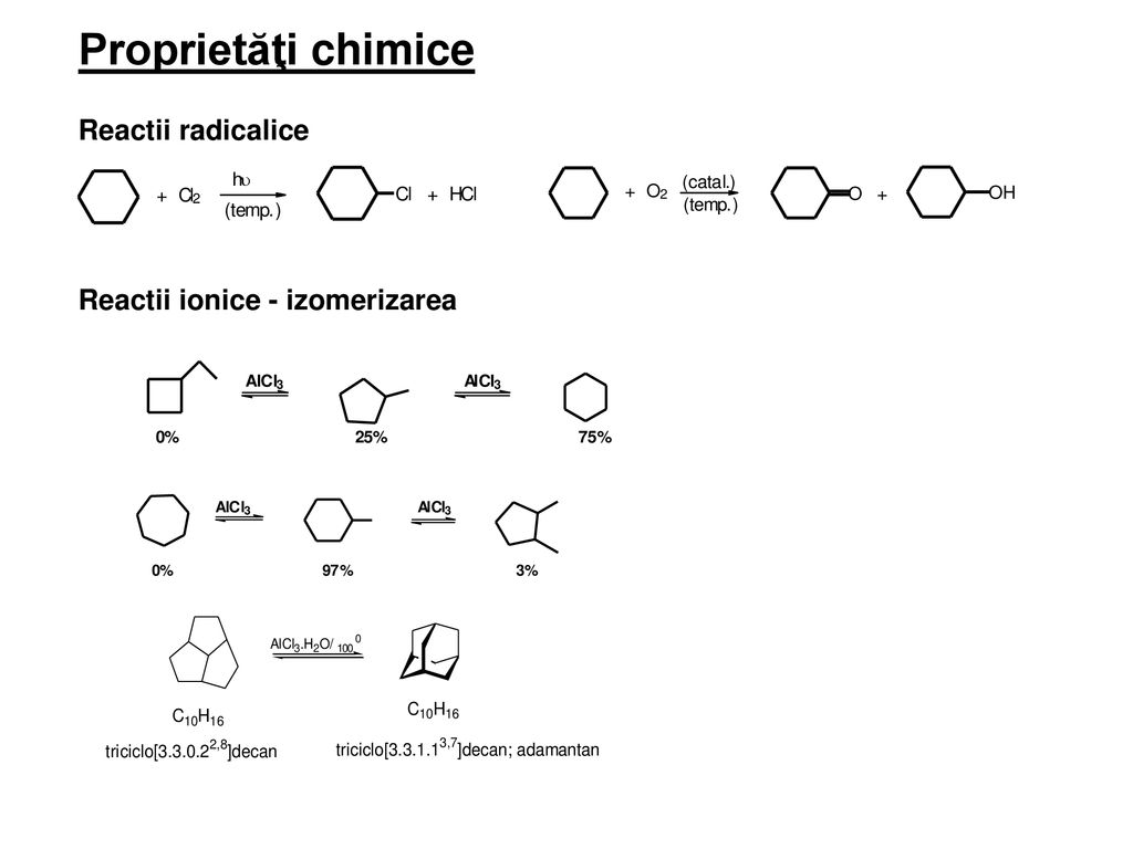 Proprietăţi chimice Reactii radicalice Reactii ionice - izomerizarea