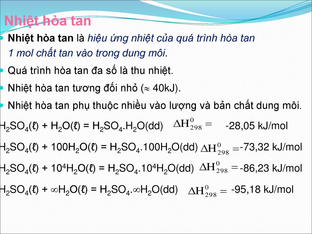 Nhiệt hòa tan Nhiệt hòa tan là hiệu ứng nhiệt của quá trình hòa tan 1 mol chất tan vào trong dung môi.