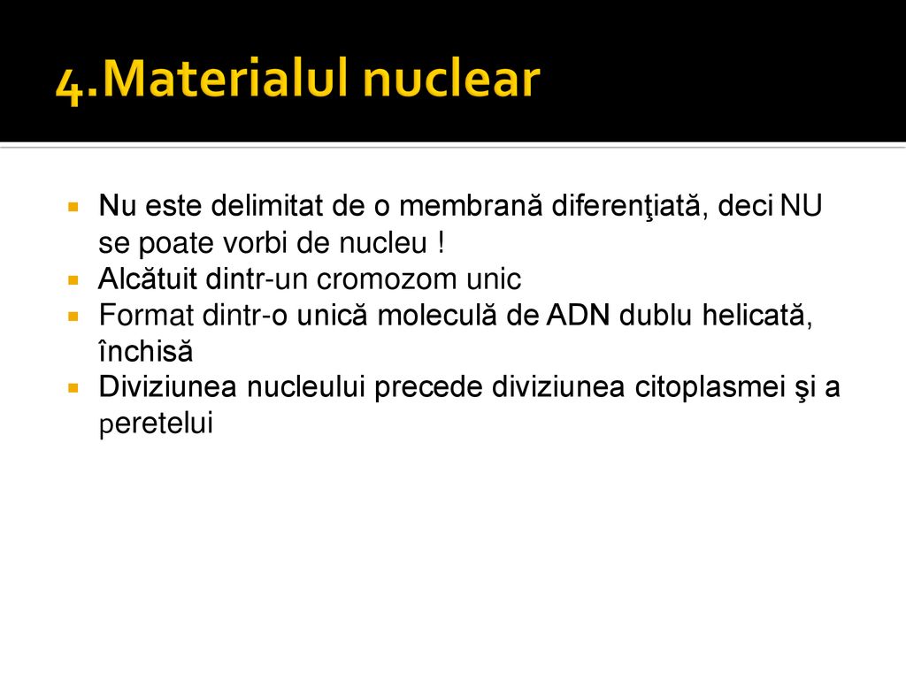 4.Materialul nuclear Nu este delimitat de o membrană diferenţiată, deci NU se poate vorbi de nucleu !