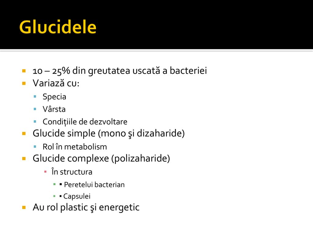 Glucidele 10 – 25% din greutatea uscată a bacteriei Variază cu: