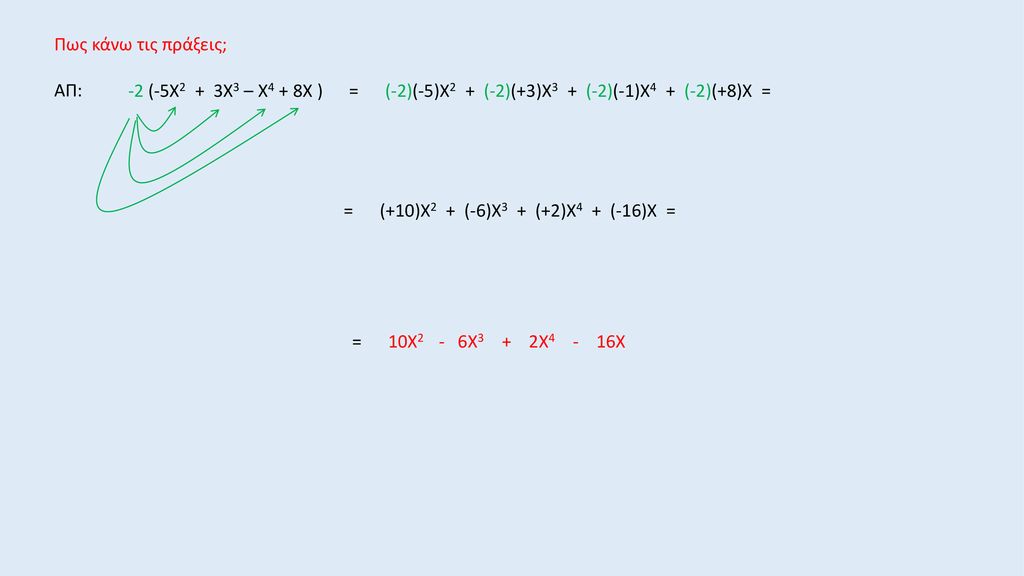 Πως κάνω τις πράξεις; ΑΠ: -2 (-5Χ2 + 3Χ3 – Χ4 + 8Χ ) = (-2)(-5)Χ2 + (-2)(+3)Χ3 + (-2)(-1)Χ4 + (-2)(+8)Χ =