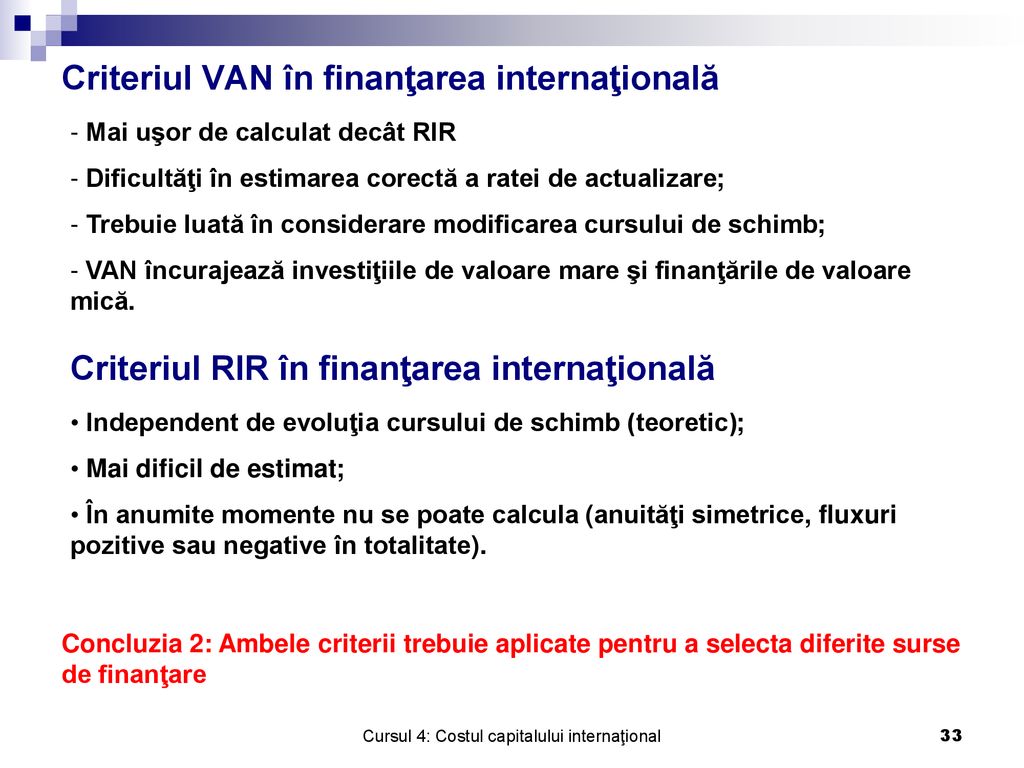 Criteriul VAN în finanţarea internaţională