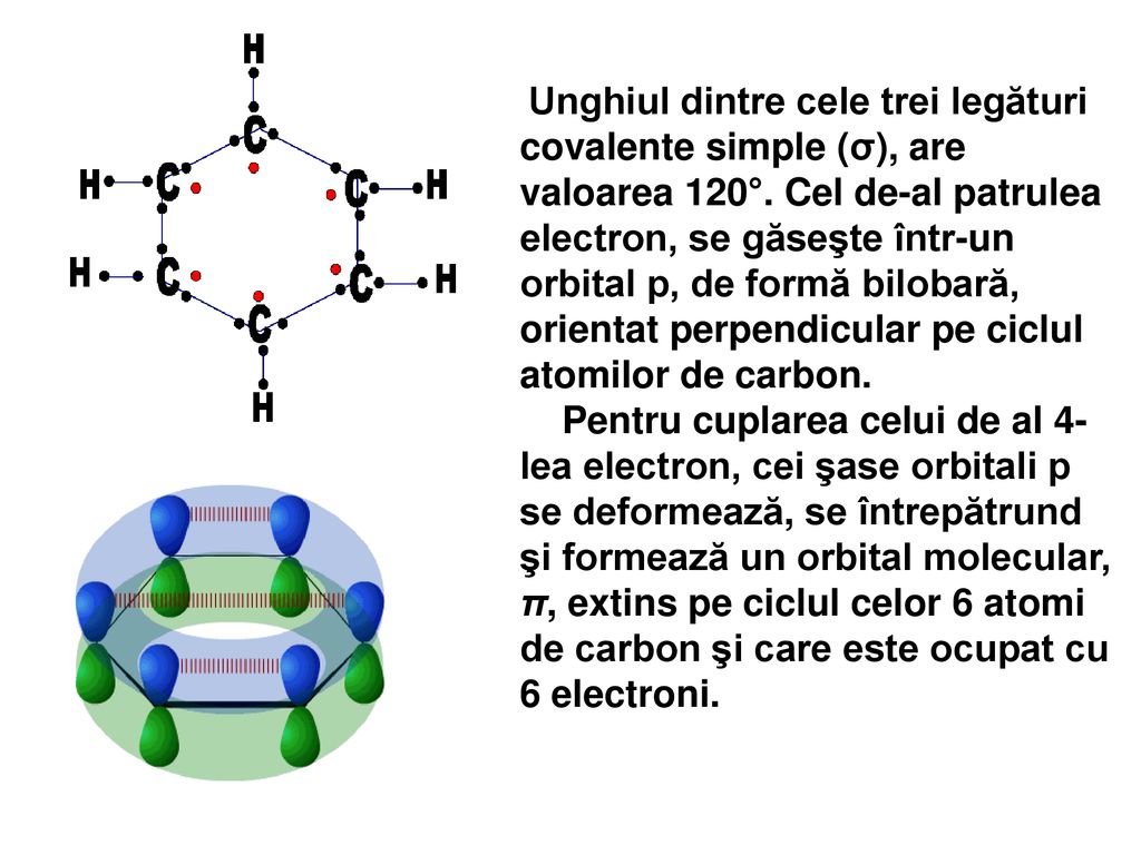 Unghiul dintre cele trei legături covalente simple (σ), are valoarea 120°. Cel de-al patrulea electron, se găseşte într-un orbital p, de formă bilobară, orientat perpendicular pe ciclul atomilor de carbon.