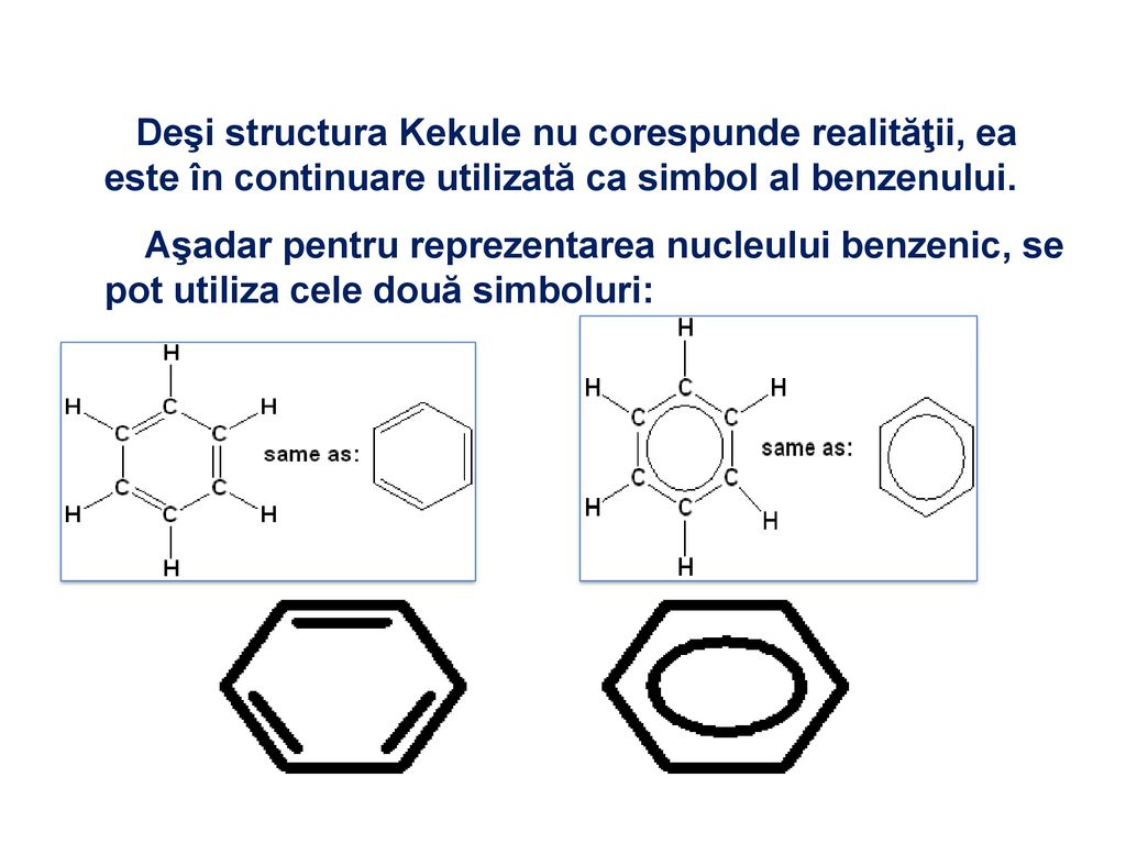 Deşi structura Kekule nu corespunde realităţii, ea este în continuare utilizată ca simbol al benzenului.