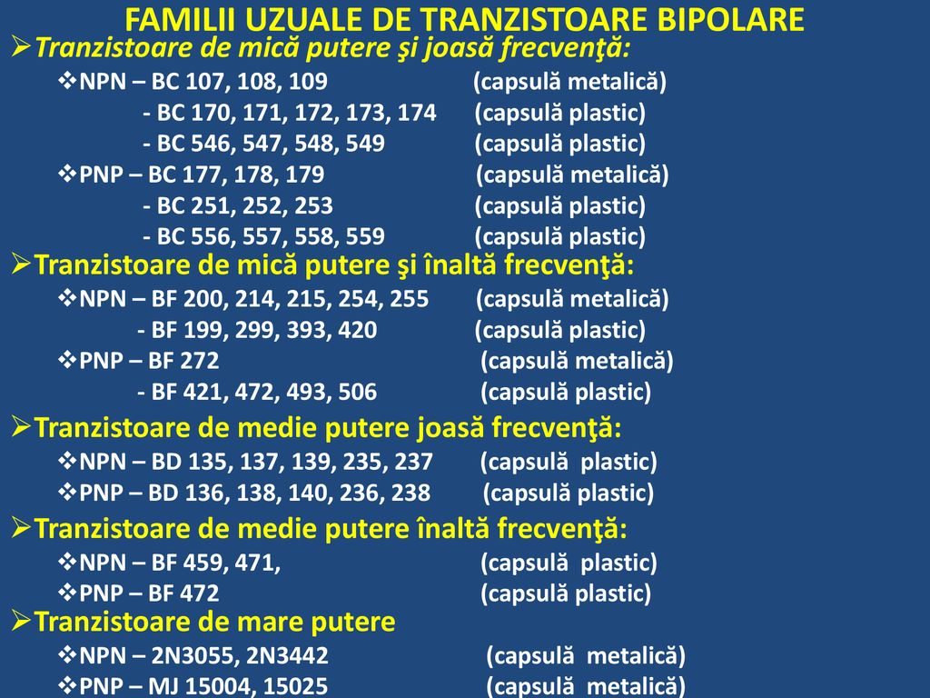 FAMILII UZUALE DE TRANZISTOARE BIPOLARE