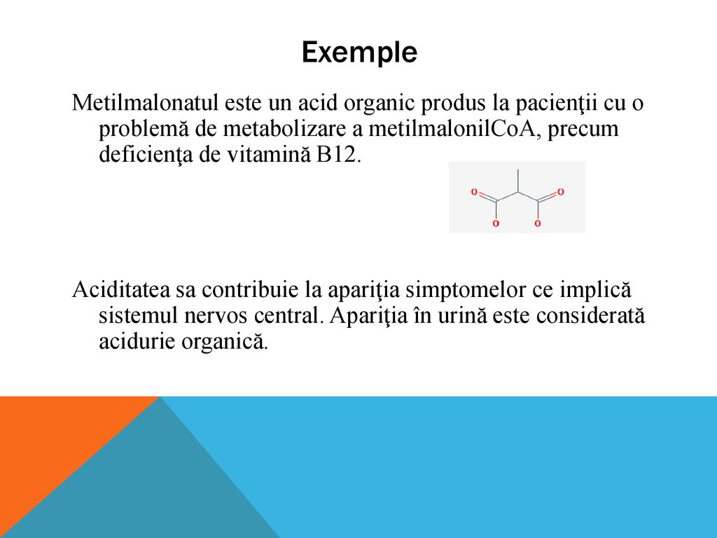 Exemple Metilmalonatul este un acid organic produs la pacienţii cu o problemă de metabolizare a metilmalonilCoA, precum deficienţa de vitamină B12.