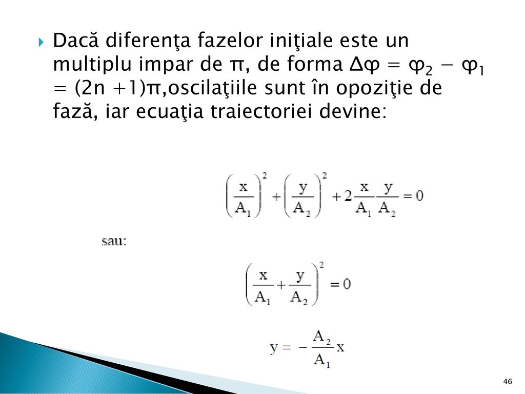 Dacă diferenţa fazelor iniţiale este un multiplu impar de π, de forma Δϕ = ϕ2 − ϕ1 = (2n +1)π,oscilaţiile sunt în opoziţie de fază, iar ecuaţia traiectoriei devine: