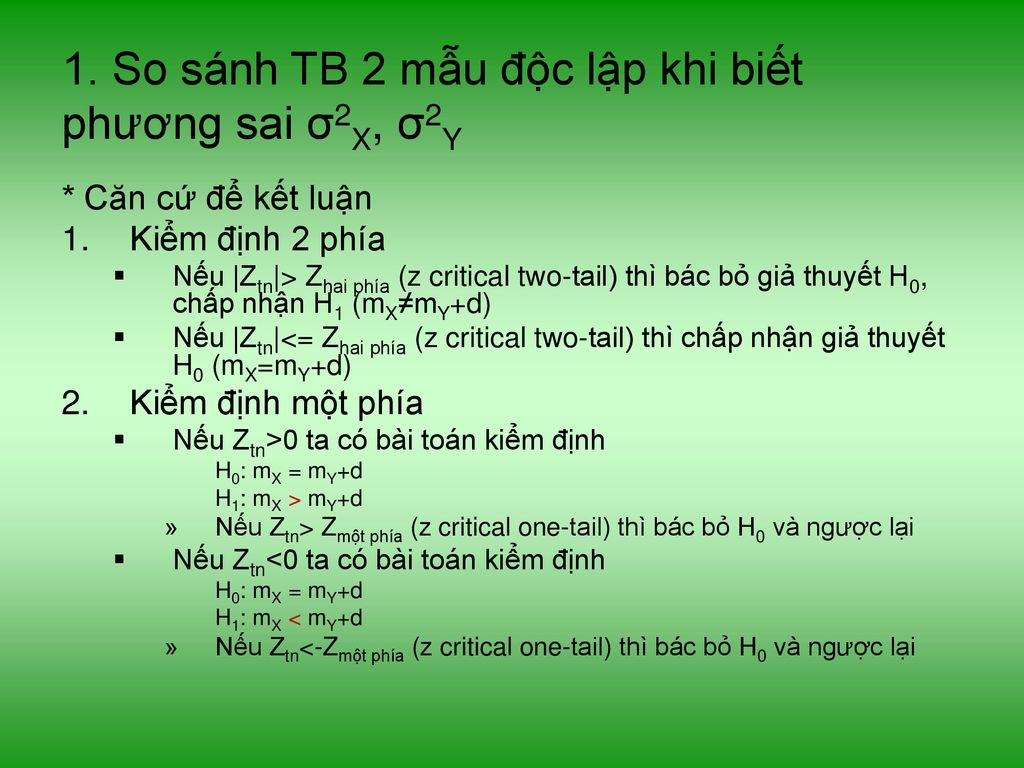1. So sánh TB 2 mẫu độc lập khi biết phương sai σ2X, σ2Y