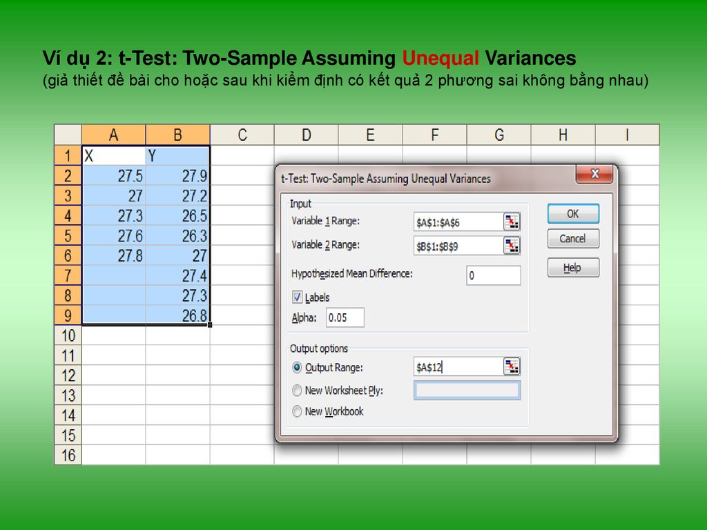 Ví dụ 2: t-Test: Two-Sample Assuming Unequal Variances (giả thiết đề bài cho hoặc sau khi kiểm định có kết quả 2 phương sai không bằng nhau)