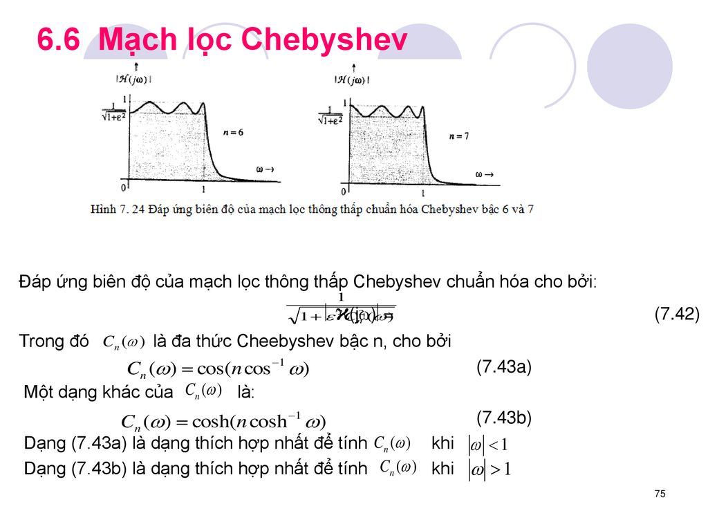 6.6 Mạch lọc Chebyshev Đáp ứng biên độ của mạch lọc thông thấp Chebyshev chuẩn hóa cho bởi: