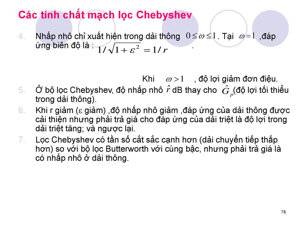 Các tính chất mạch lọc Chebyshev