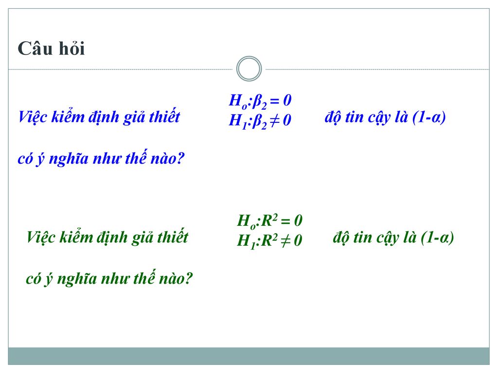 Câu hỏi Ho:β2 = 0 H1:β2 ≠ 0 độ tin cậy là (1-α)