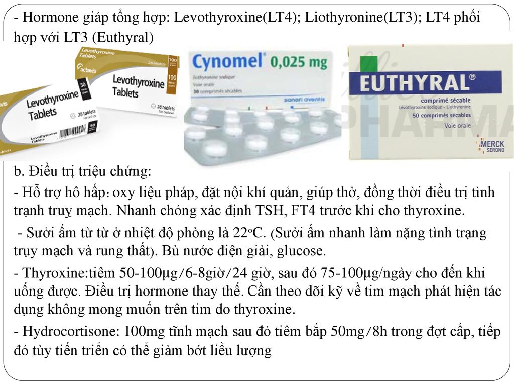 - Hormone giáp tổng hợp: Levothyroxine(LT4); Liothyronine(LT3); LT4 phối hợp với LT3 (Euthyral) b.