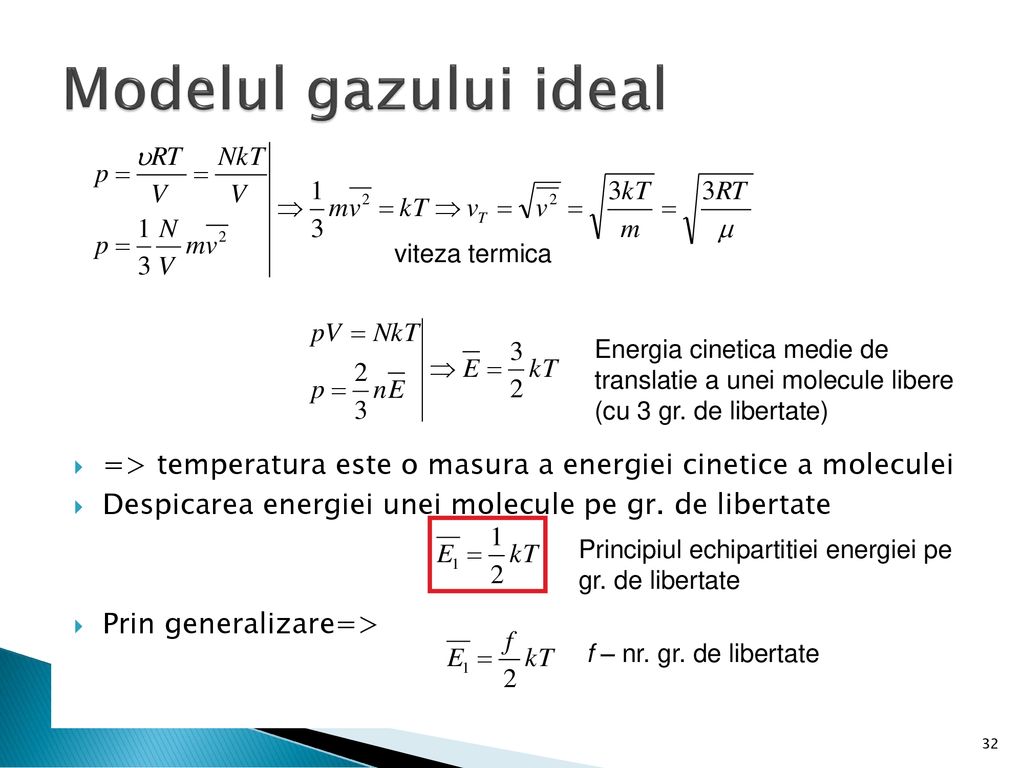 Modelul gazului ideal => temperatura este o masura a energiei cinetice a moleculei. Despicarea energiei unei molecule pe gr. de libertate.