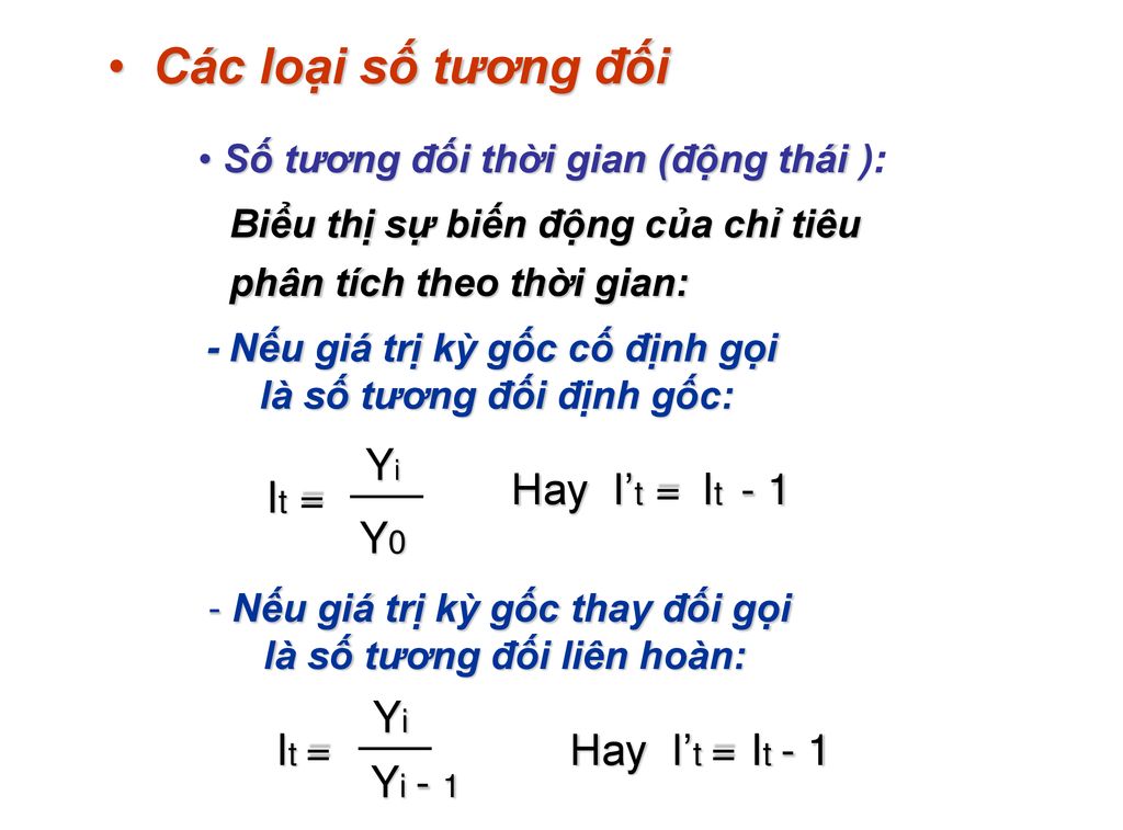 Các loại số tương đối Yi Hay I’t = It - 1 It = Y0 Yi It = Hay I’t =
