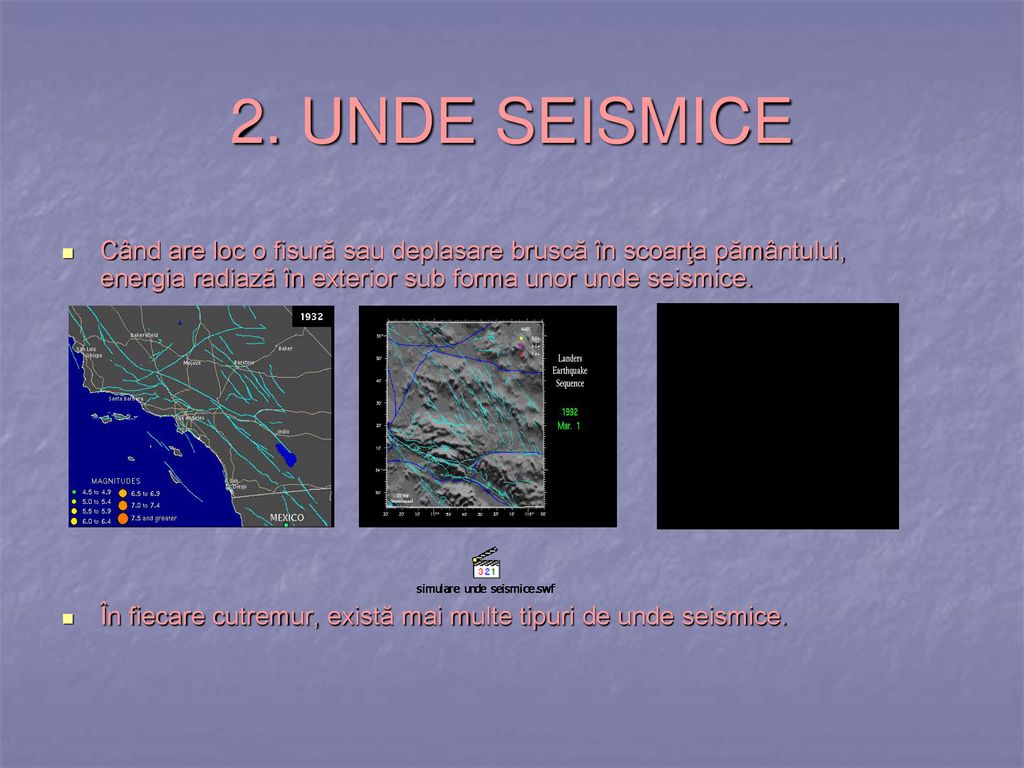 2. UNDE SEISMICE Când are loc o fisură sau deplasare bruscă în scoarţa pământului, energia radiază în exterior sub forma unor unde seismice.