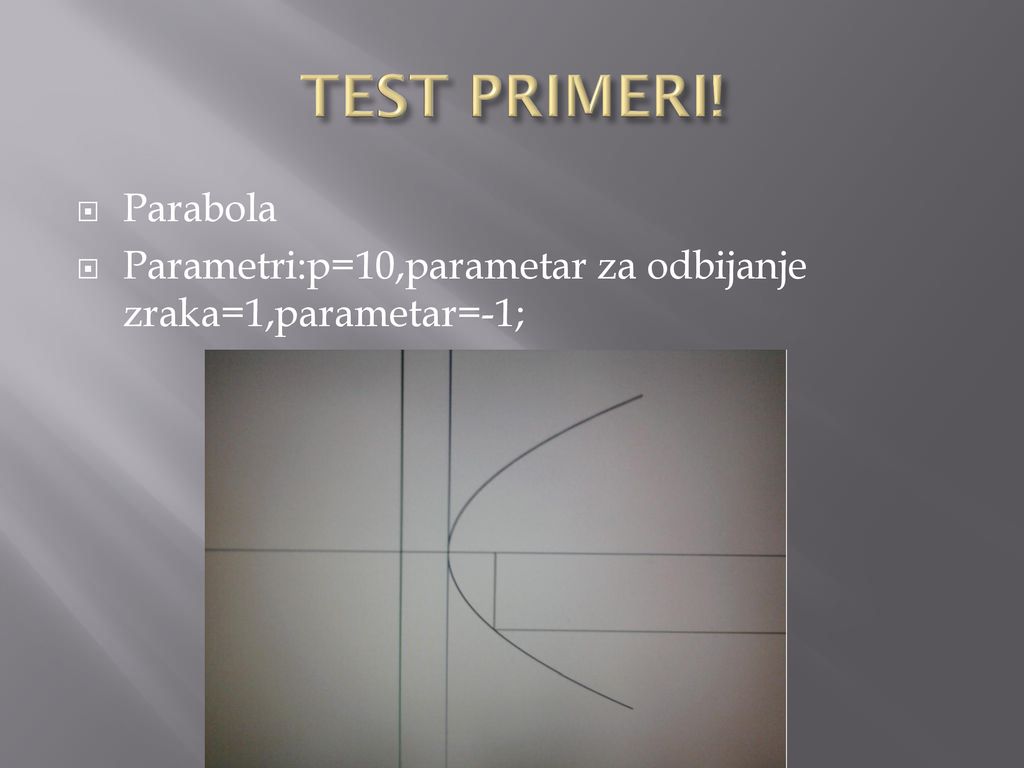TEST PRIMERI! Parabola Parametri:p=10,parametar za odbijanje zraka=1,parametar=-1;