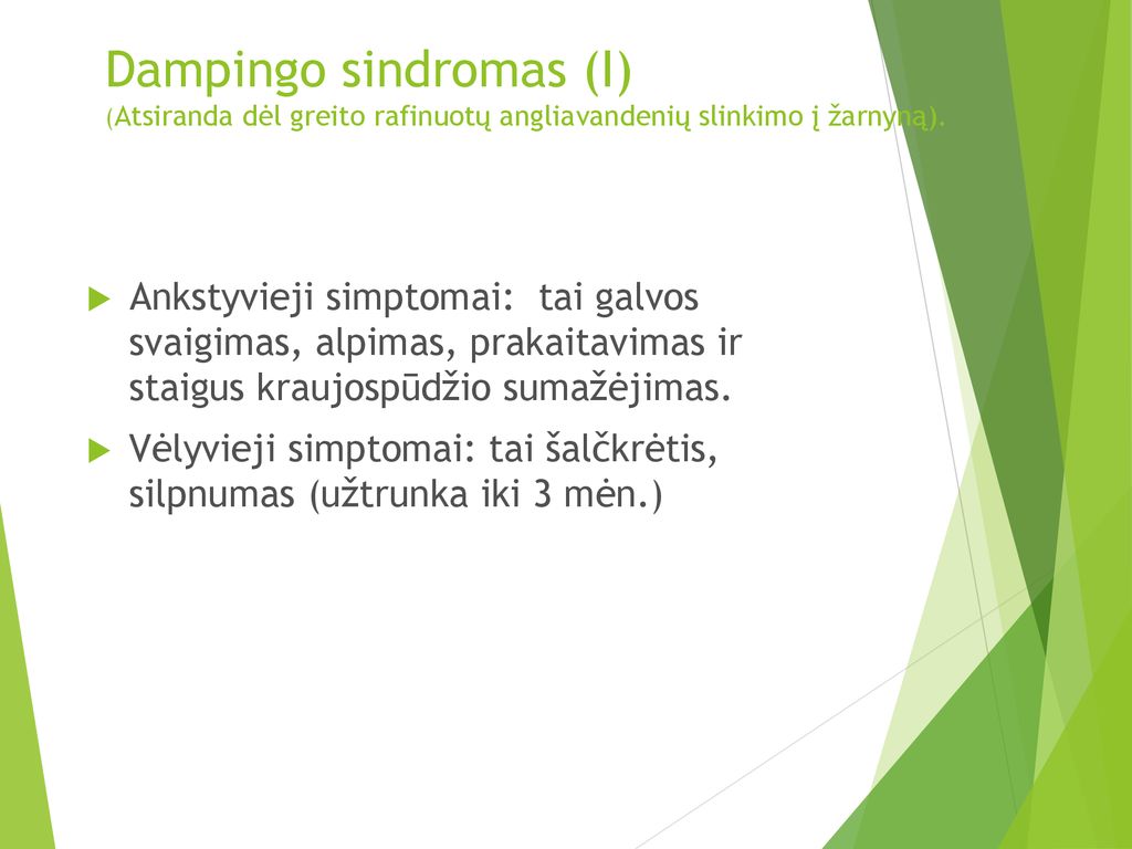 Dampingo sindromas (I) (Atsiranda dėl greito rafinuotų angliavandenių slinkimo į žarnyną).