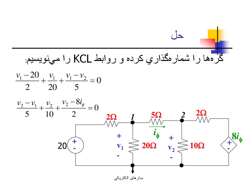 حل گره‌ها را شماره‌گذاري كرده و روابط KCL را مي‌نويسيم: i 8i 20 2