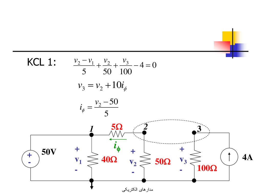 KCL 1: i 5 v1 - + v3 - 50V + v A 40 50 100