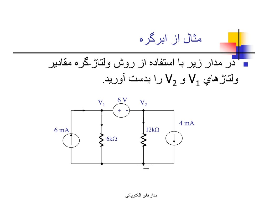 مثال از ابرگره در مدار زير با استفاده از روش ولتاژ-گره مقادير ولتاژهاي V1 و V2 را بدست آوريد. + -
