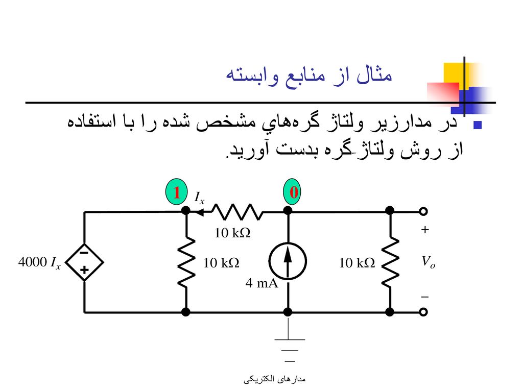 مثال از منابع وابسته در مدارزير ولتاژ گره‌هاي مشخص شده را با استفاده از روش ولتاژ-گره بدست آوريد. 1.