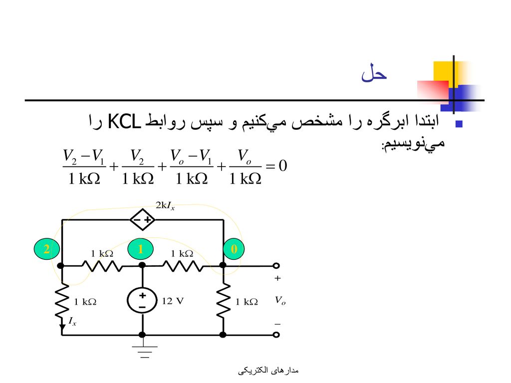 حل ابتدا ابرگره را مشخص مي‌كنيم و سپس روابط KCL را مي‌نويسيم: 2 1