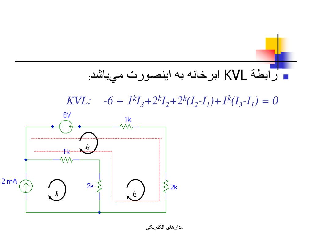 KVL: kI3+2kI2+2k(I2-I1)+1k(I3-I1) = 0