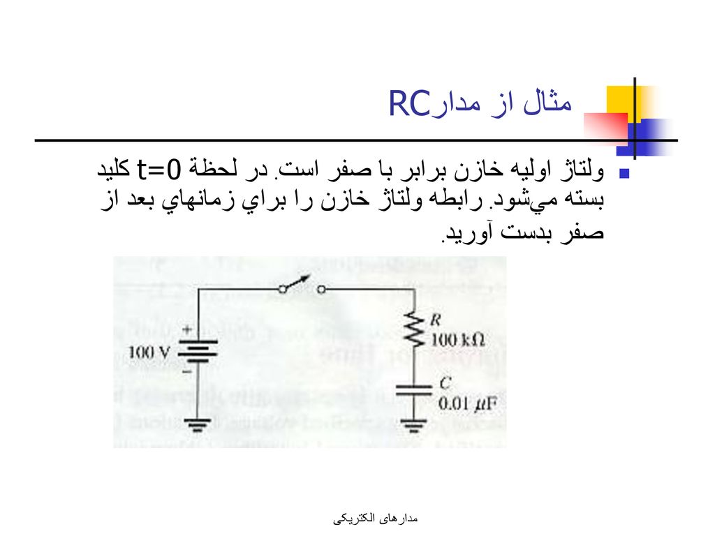 مثال از مدارRC ولتاژ اوليه خازن برابر با صفر است. در لحظة t=0 كليد بسته مي‌شود. رابطه ولتاژ خازن را براي زمانهاي بعد از صفر بدست آوريد.