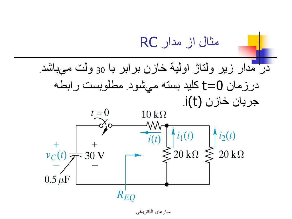 مثال از مدار RC در مدار زير ولتاژ اولية خازن برابر با 30 ولت مي‌باشد. درزمان t=0 كليد بسته مي‌شود. مطلوبست رابطه جريان خازن i(t).