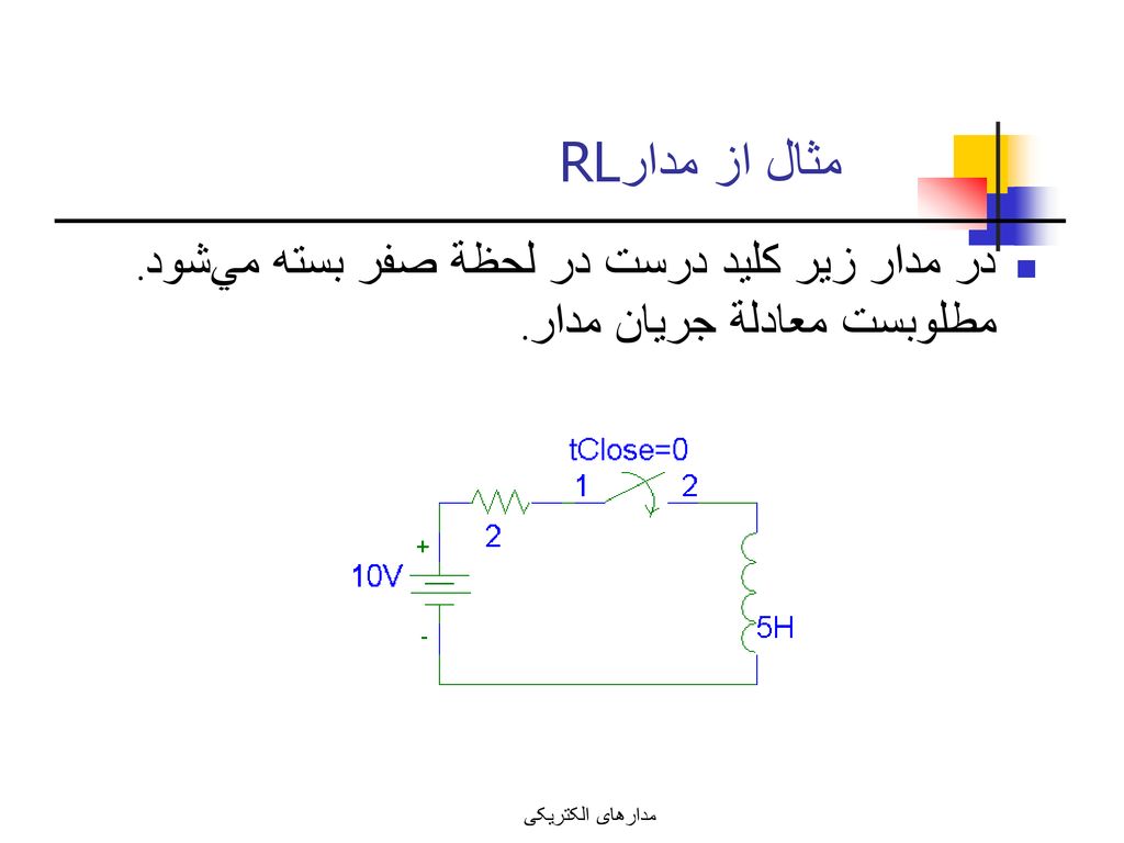 مثال از مدارRL در مدار زير كليد درست در لحظة صفر بسته مي‌شود.